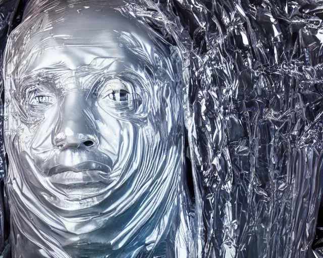 Image similar to a giant abstract sculpture of a human head wrapped in cling film, in the style of chad knight, award winning, cinematic, hyper - realistic, very detailed, realistic water splashes, ray tracing, 8 k resolution, long - shot, sharp focus, low angle, 8 5 mm photograph, wide lens