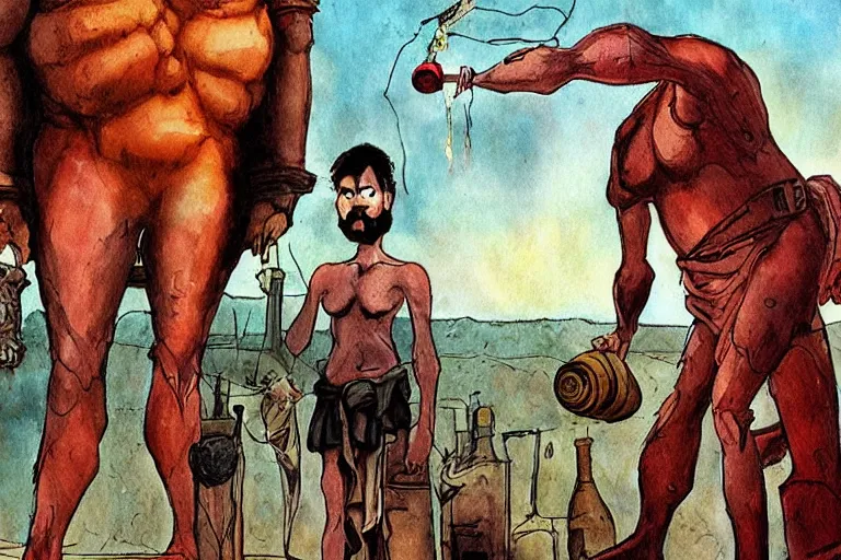 Image similar to odysseus presenting a wine flask to the giant cyclops by enki bilal