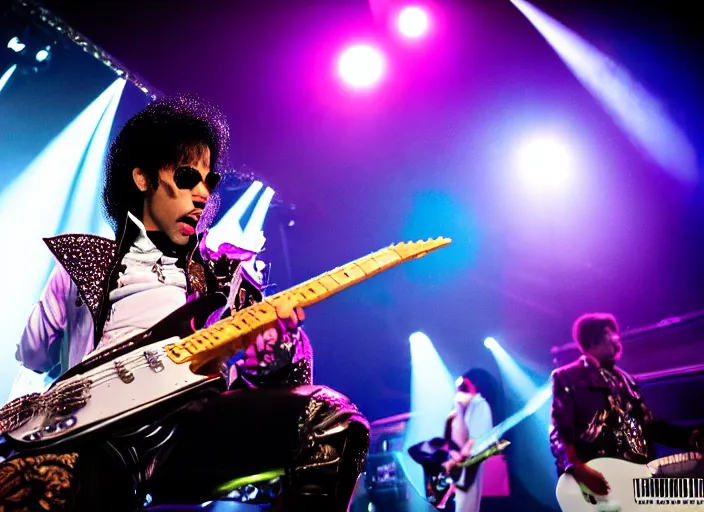 Prompt: photo still of prince from purple rain on stage at vans warped tour!!!!!!!! at age 3 3 years old 3 3 years of age!!!!!!!! shredding on guitar, 8 k, 8 5 mm f 1. 8, studio lighting, rim light, right side key light