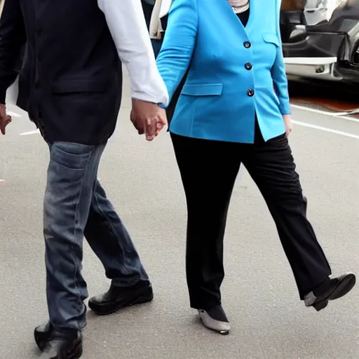 Image similar to Angela Merkel holding hands with Eminem, paparazzi