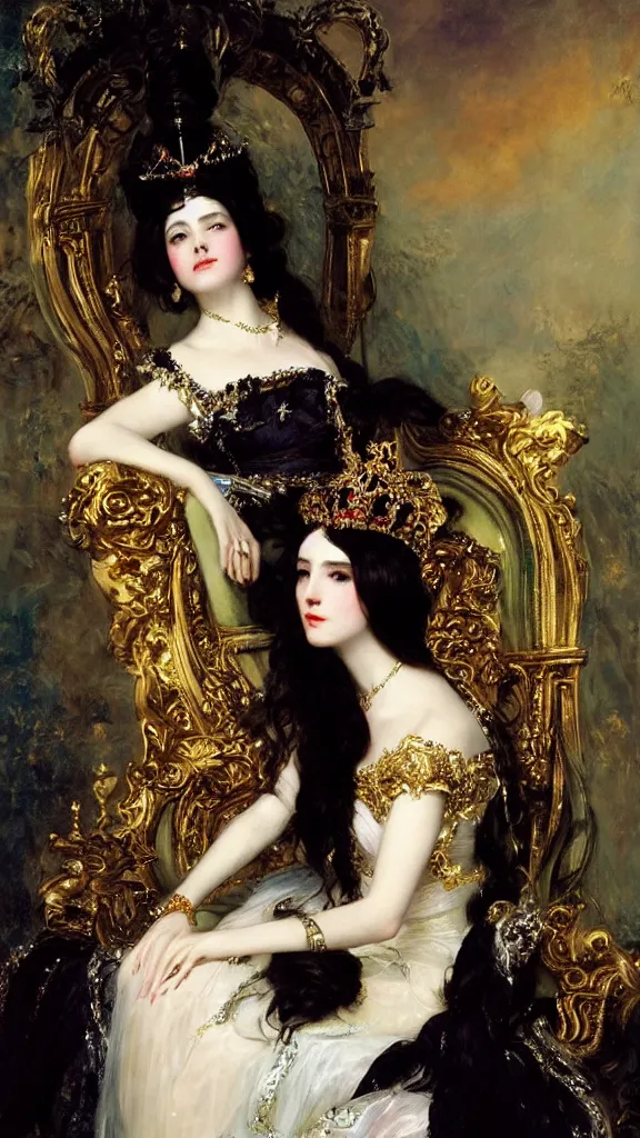 Image similar to a beautiful black haired woman with pale skin and a crown on her head sitted on an intricate metal throne by franz xaver winterhalter and delphin enjolras and rebecca guay