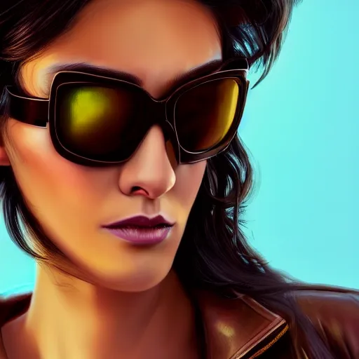 Image similar to closeup painting of a very beautiful young mexican cyberpunk woman with a smirk, wearing light blue shutter shades and a dark brown leather jacket, one side haircut, brown hair, portrait, hyperdetailed, artstation, cgsociety, 8 k, synthwave by tangerine dream