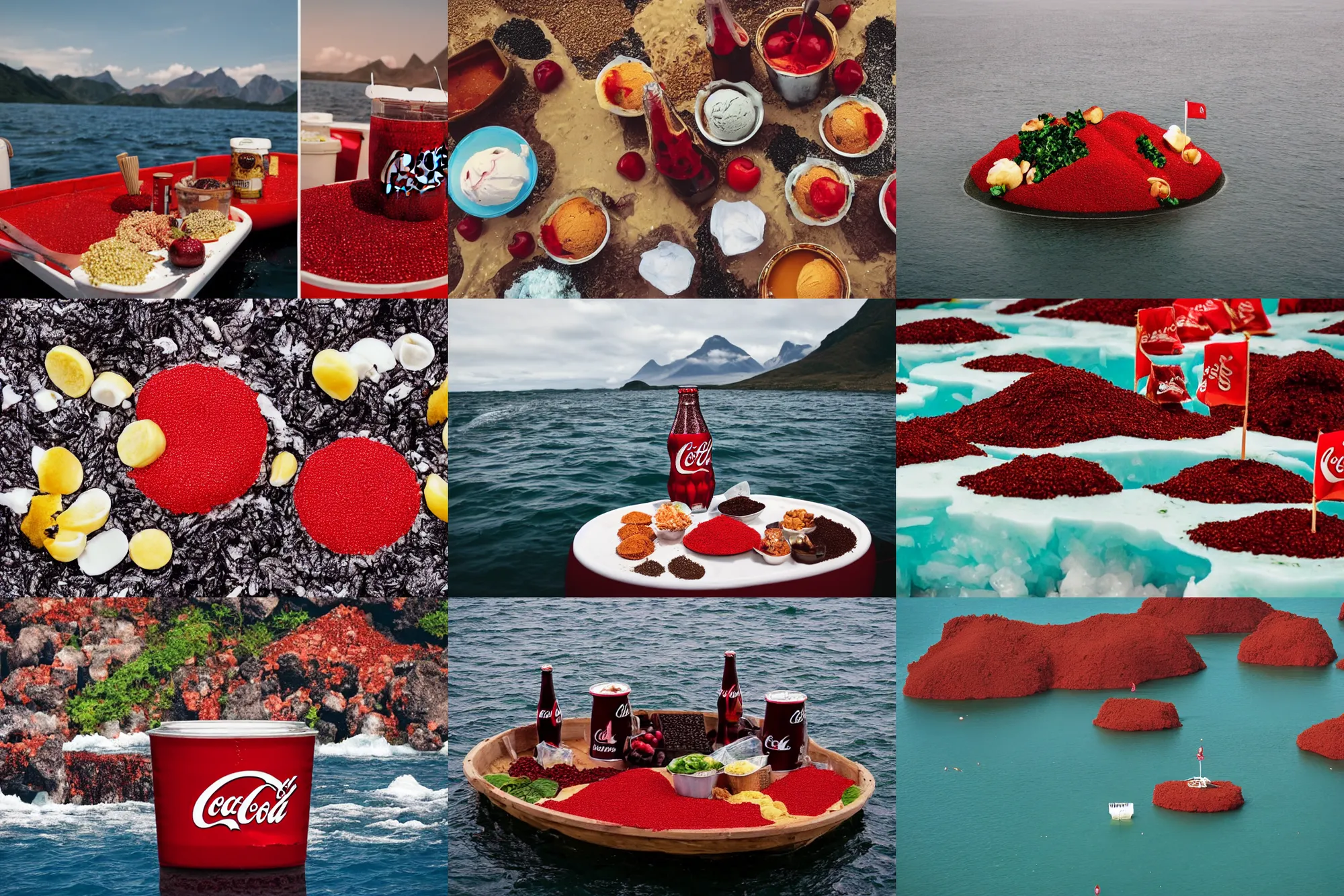 Image similar to an island made of food, around the island instead of water coca - cola ( dark brown ), instead of sand red caviar, instead of mountains ice cream with cherries, photo taken from a boat, 3 5 mm, cinematic