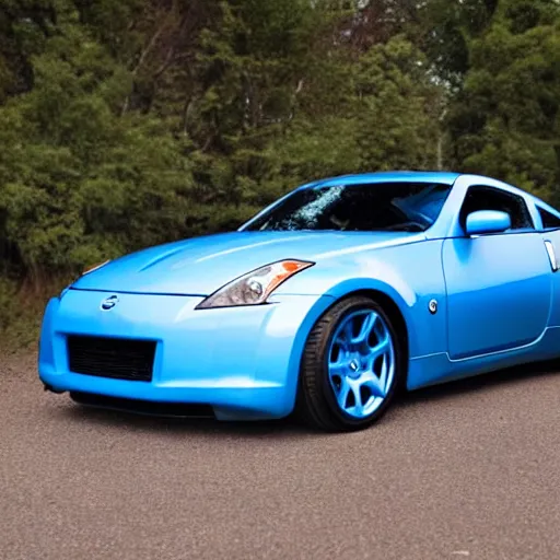 Prompt: a nissan 3 5 0 z with blue tires