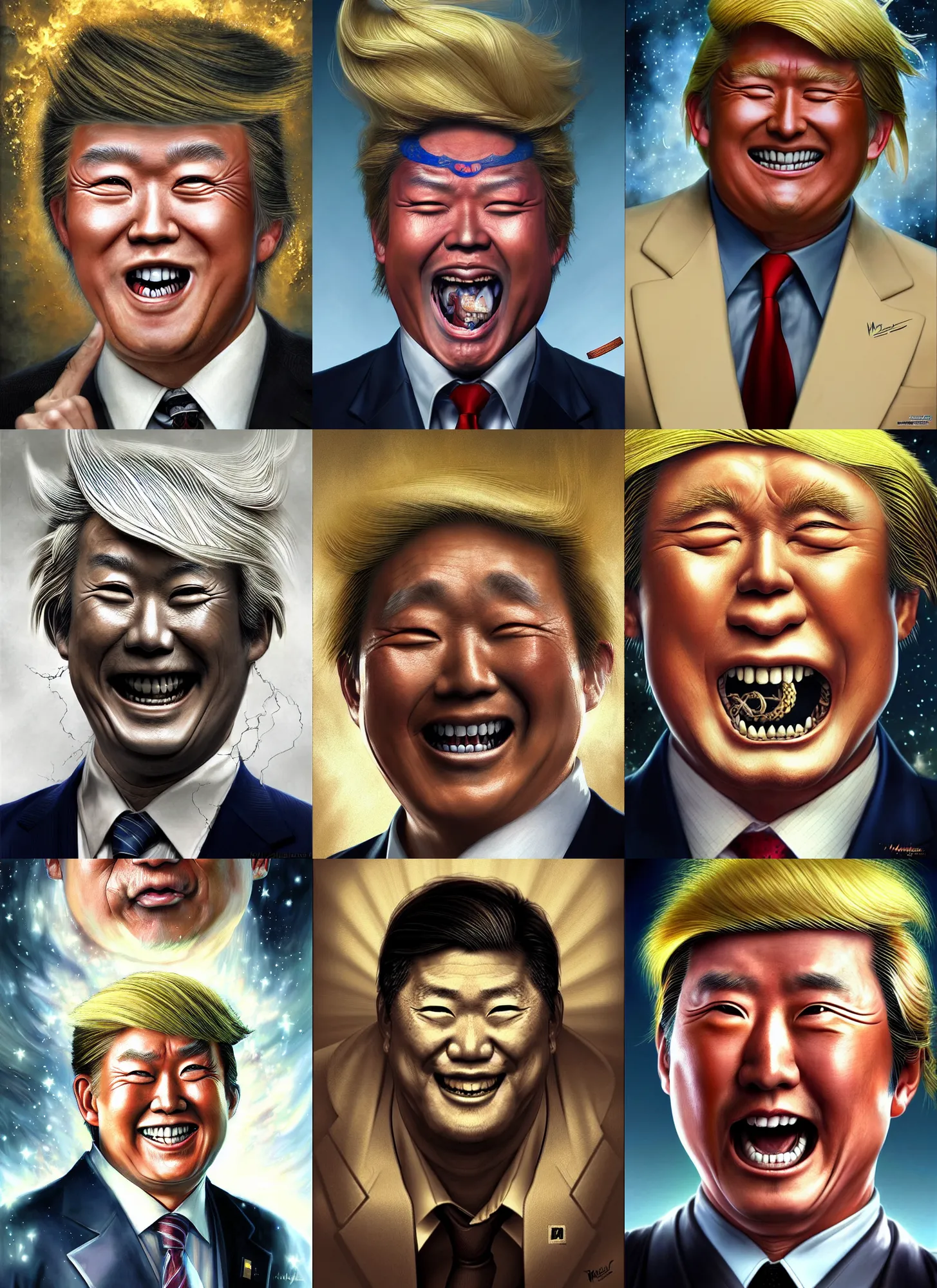 Prompt: smiling japanese man that looks like donald trump, cosmic horror painting, elegant intricate digital painting artstation concept art by mark brooks and brad kunkle detailed