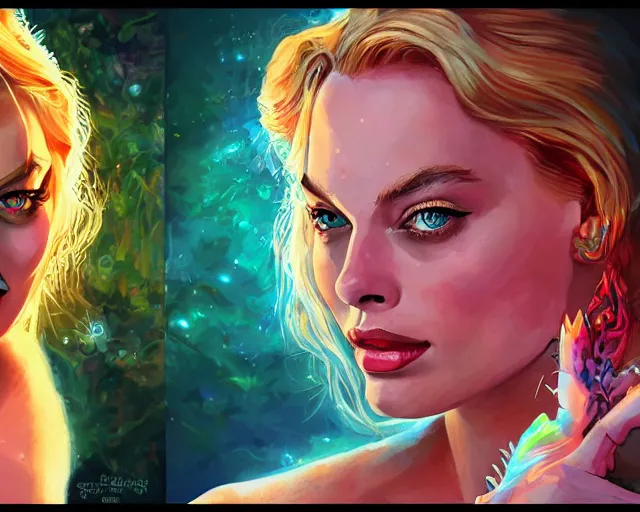 Prompt: margot robbie as a beautiful magician casting colorful spells, fantasy art, in the style of JAMES MCCARTHY, illustration, epic art, fantasy, intricate, elgant, amazing detail, digital painting, artstation, concept art, smooth, sharp focus