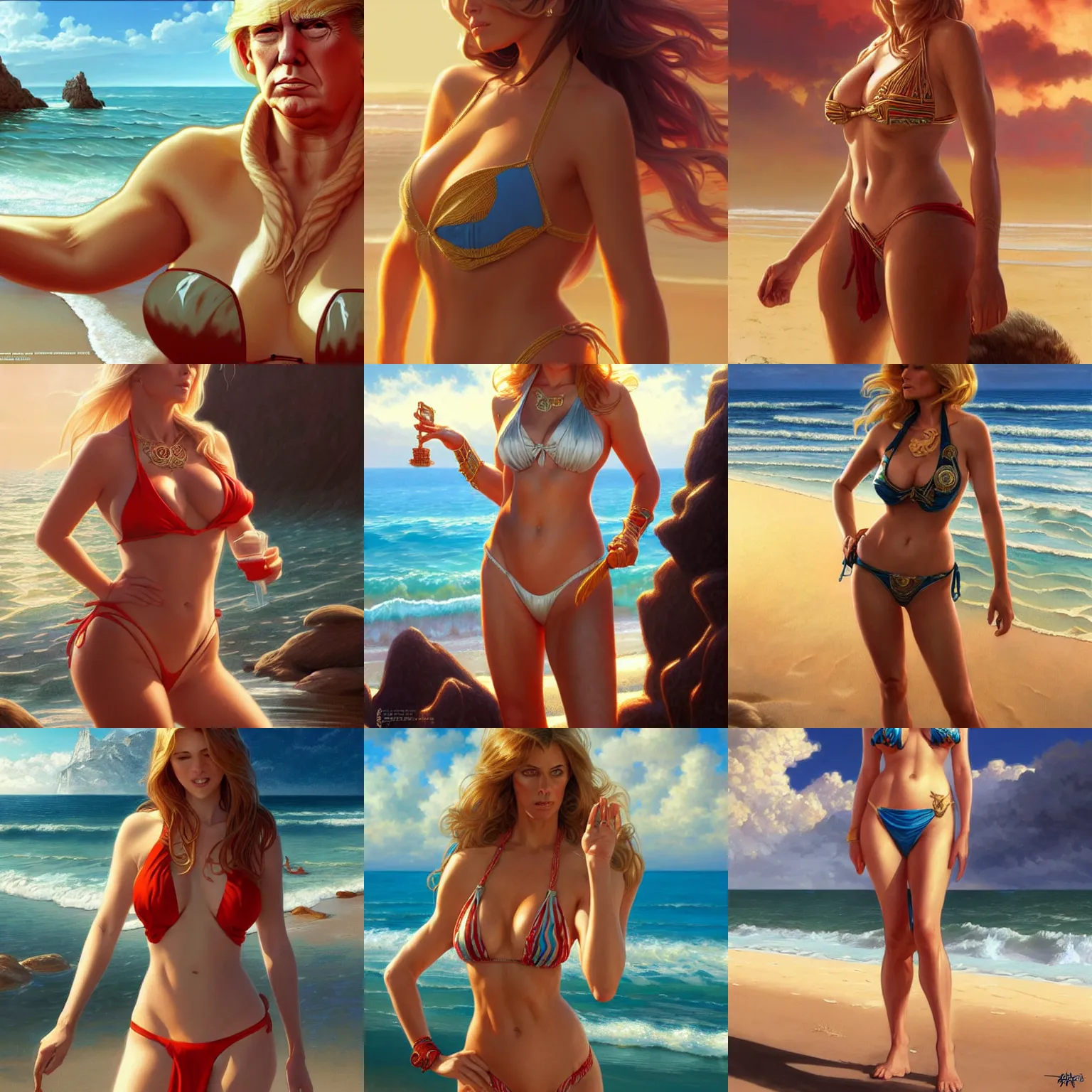 Prompt: Donald Trump wearing a bikini on the beach, D&D, fantasy, intricate, elegant, highly detailed, digital painting, artstation, concept art, matte, sharp focus, illustration, art by Artgerm and Greg Rutkowski and Alphonse Mucha