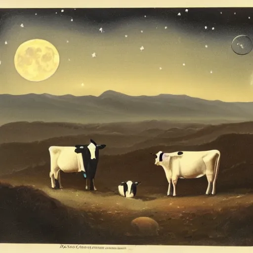 Image similar to cows on the moon, moonlight,