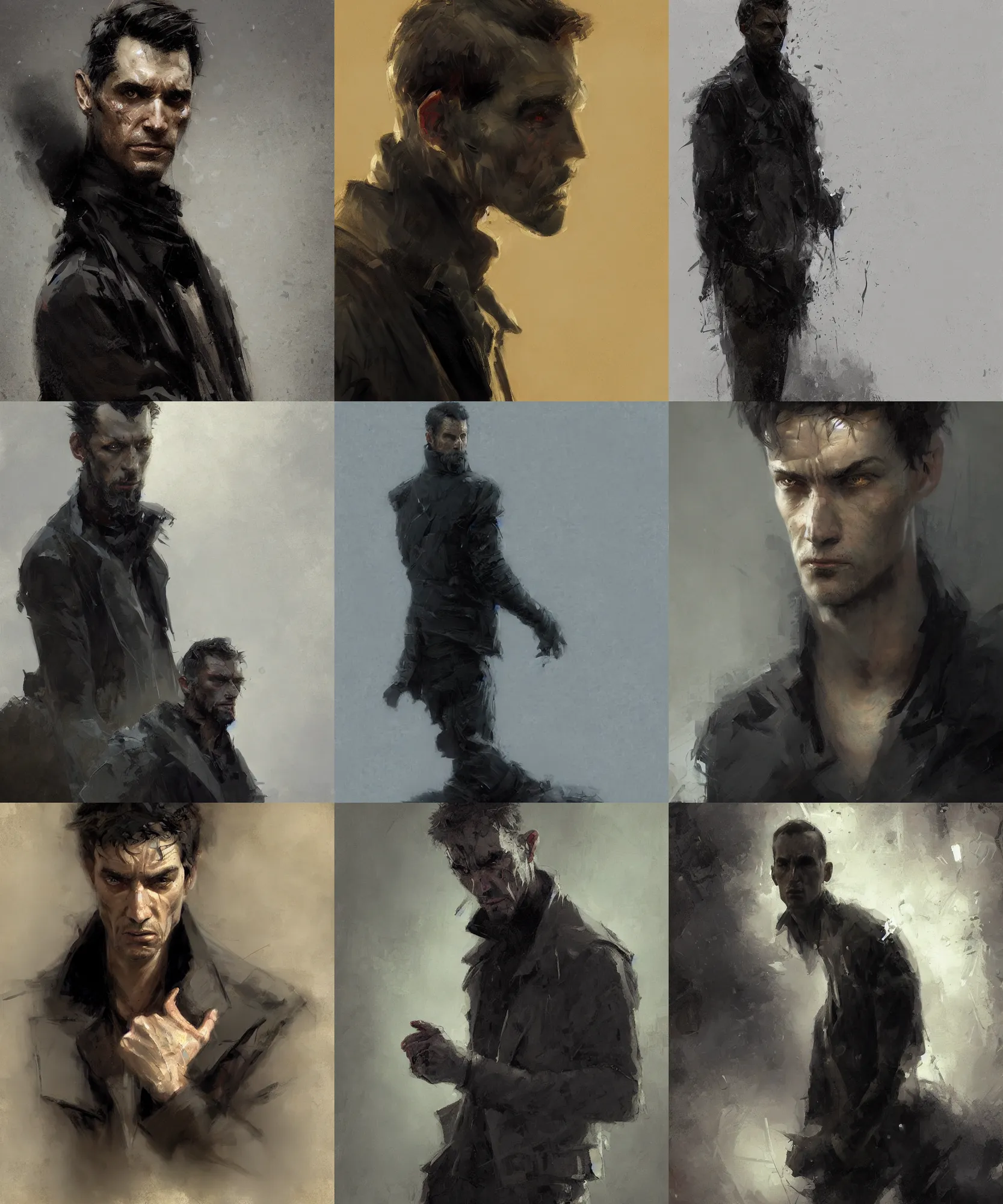 Prompt: digital art painting of a sad depressed looking man, skinny grunt face, wearing a black jacket, still falling pose painted by craig mullins and gaston bussiere and greg rutkowski, symmetrical face, defined facial features, symmetrical facial features, dramatic lighting
