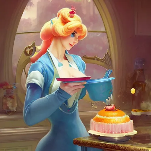 Prompt: princess peach baking a cake while that one weird computer mainframe watches her, art by artgerm and greg rutkowski and alphonse mucha