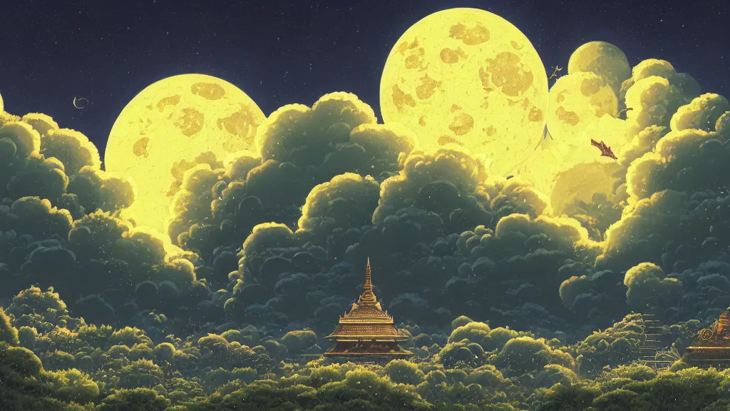 Prompt: highly detailed illustration of a moon landscape with fireflies and temples while rains at night and lots of high exposure cummulonimbus clouds by makoto shinkai, by moebius, by oliver vernon, by joseph moncada, by damon soule, by manabu ikeda, by kyle hotz, by dan mumford, by otomo, 4 k resolution