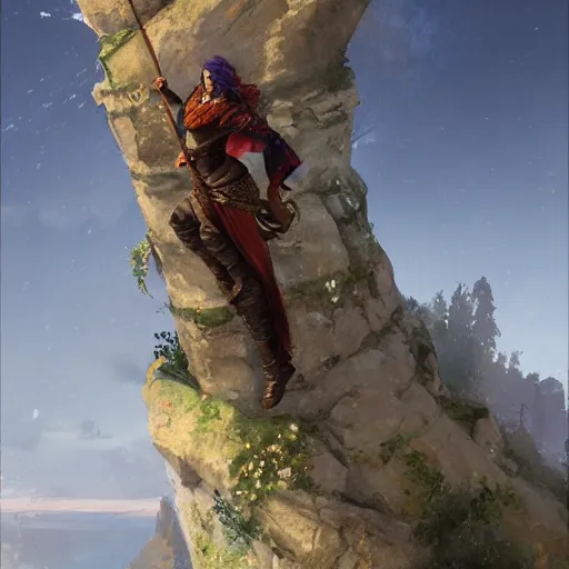 Image similar to oil art of young roma mage adventurer climbing down a cliffside in style of disco elysium character, gipsy jester character design from ravenloft, art by anders zorn, wonderful masterpiece by greg rutkowski, beautiful cinematic light, american romanticism by greg manchess, jessica rossier