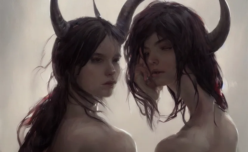 Image similar to a painting of aki trending on artstation in the style of greg rutkowski, beautiful, sensuality, natural skin, horns on head, long black hair, portrait