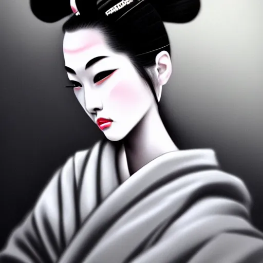 Image similar to gorgeous geisha samurai noir, hyperrealistic, soft focus, sharp, highly detailed