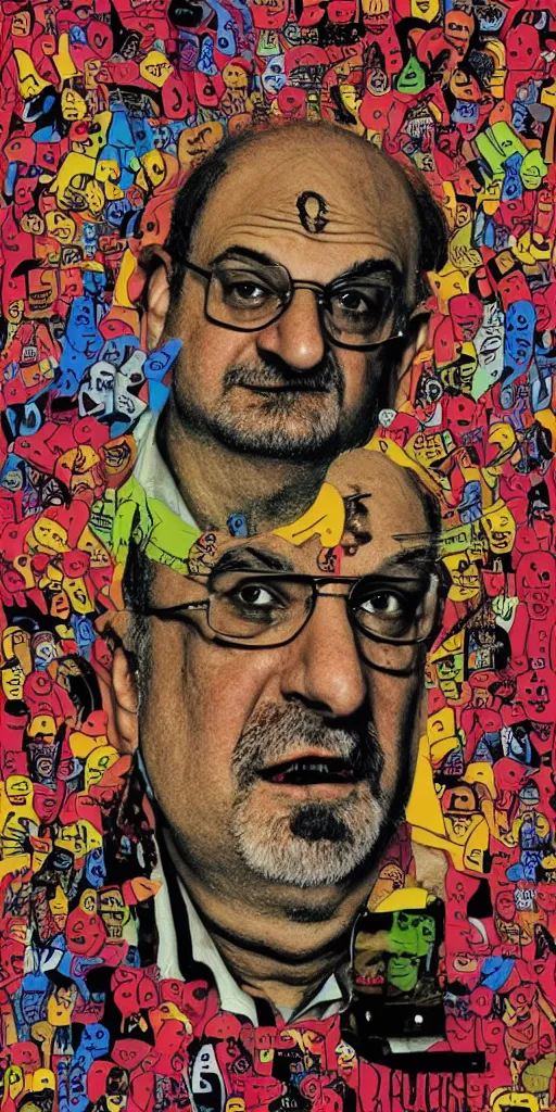 Image similar to salman rushdie in the style of daniel johnston and outsider art, 4 k, overlaid with arabic text