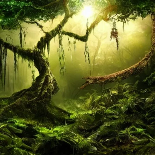 Image similar to horrific, spectacular tree in a densely overgrown jungle, fantasy, dreamlike sunraise, ultra realistic