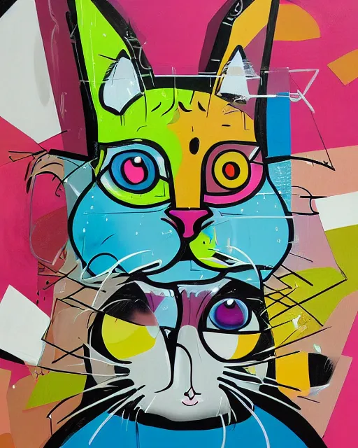 Image similar to white cat in an Amazon box, design in the style of Alex Yanes and John Kricfalusi and Damien Hirst, muted pastel neon color surrealist cubist, tense design, detailed painting, spray art, spatter, collage, isolated on white, juxtapoz magazine, cartoon brew, golden ratio, rule of thirds