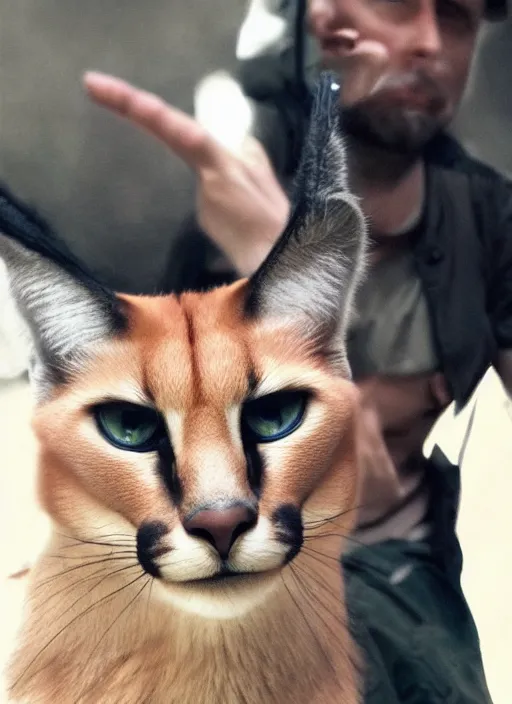 Image similar to Ryan Gosling holds a caracal cat in his hands, ultra highly detailed, smooth, sharp focus, elegant, trending on artstation