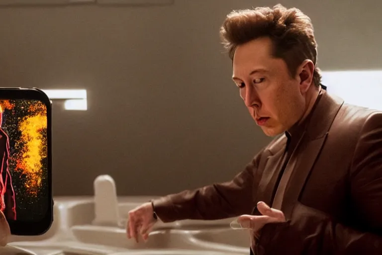 Image similar to hyperrealism aesthetic ridley scott and denis villeneuve style photography of a detailed hyperrealism elon musk, siting on a detailed hyperrealism toilet and scrolling his smartphone in hyperrealism scene from detailed art house movie in style of alejandro jodorowsky and wes anderson