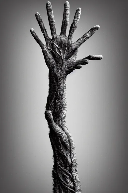 Image similar to hyper realistic beautiful detailed image of a human's palm hand with a tree growing on, white background, photorealistic, 4 k