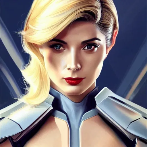 Prompt: A combination of Grace Kelly's and Ada Wong's and Ashley Greene's appearances with blonde hair wearing Forerunner armor from Halo, high tech, action shot, angular, full body portrait, futuristic, dramatic, fantasy, intricate, elegant, highly detailed, artstation, matte, sharp focus, 8K, art by Artgerm and Greg Rutkowski and Alphonse Mucha