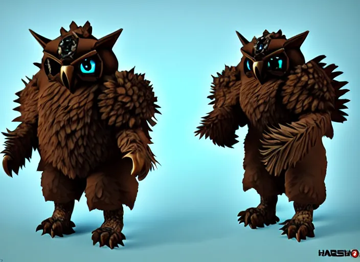 Image similar to armored owlbear, stylized stl fantasy miniature, 3 d render, activision blizzard style, hearthstone style