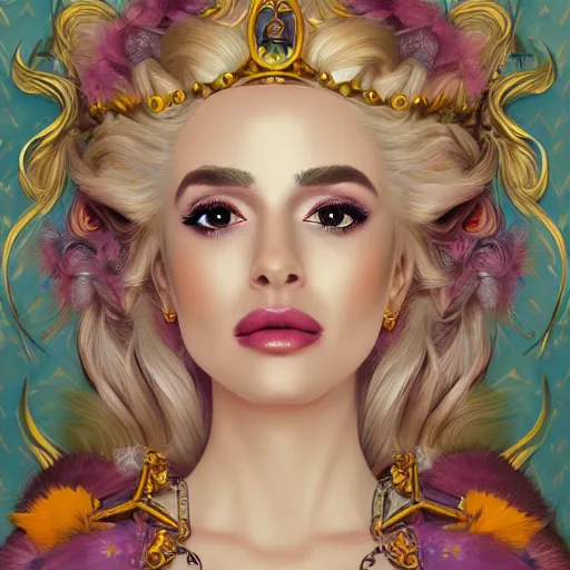 Image similar to a beautiful detailed portrait of a blonde stunningly beautiful fantasy queen in her throne room by lisa frank trending on artstation