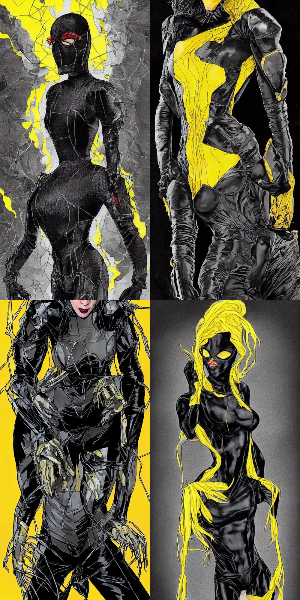 Prompt: Joe Quesada Artwork of full body portrait of Skitter, Taylor wore various costumes made of spider silk. Initially, she wears a black-and-grey spider silk bodysuit with armor panels made out of insect shells and exoskeletons augmented with more spider silk. She dyes it black with grey paneling before she goes out. The yellow lenses of her mask are durable, high-end swim goggles tinted to help filter out bright lights, with lenses from an old pair of her glasses sealed inside with silicon. Her mask leaves the back of her head uncovered and her hair free to fly behind her. The costume lacks the full extent of the armor paneling she planned, including protection for the back of her head, but the armor covers her face, chest, spine, stomach and major joints (including wrists, shoulders, elbows and knees). Each had \'layers\' resembling a pillbug. The mask design features dull yellow lenses and sections of armor designed to imitate a bug’s mandibles. She kept her costume clean by having bugs eat and clean any waste and wiping it down with a cloth. The spider-silk fabric is too tough to cut with an x-acto knife, although it can be slowly cut through using wire cutters. It was mostly waterproof. Prior to dying, the costume\'s prototype had fabric that was a dirty yellow-gray color, and the armour was naturally a dark mottled brown-gray. full body Artwork by Joe Quesada