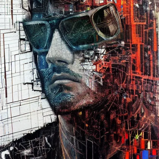 Prompt: hyperrealistic portrait of a cyberpunk man, long hair, by Guy Denning, Johannes Itten, Russ Mills, glitch art, hacking effects, glitch effects, digital tech effects, cybernetics, detailed lines, chromatic, color blocking!, oil on canvas, front view, complex, highly detailed, symmetrical, octane, concept art, abstract, blue and black, 8k, cinematic, trending on artstation