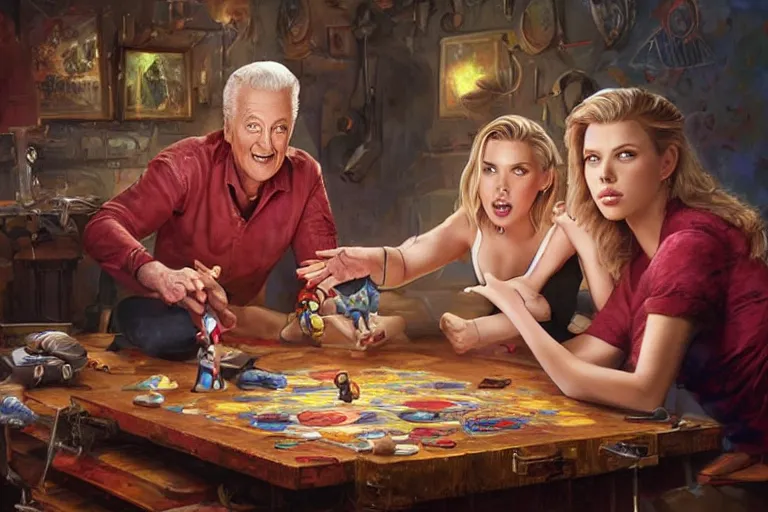 Image similar to portrait of bob barker playing twister with scarlett johansson, an oil painting by ross tran and thomas kincade