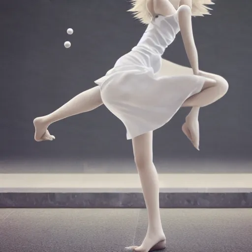 Prompt: Hyper realistic render of Beautiful anime blonde girl in white minimalistic clothes juggles three spheres made of water, white minimalistic background, professional photo, everything is in balance, award winning, Artstation, intricate details, realistic, Hyperdetailed, 8k resolution