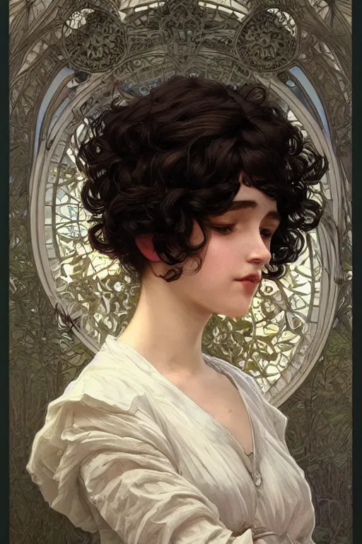 Image similar to beautiful cottagecore of a girl with short black curly hair, round face, cute face. intricate, elegant. highly detailed, digital painting, artstation, concept art, smooth, sharp, focus, illustration. art by artgerm and greg rutkowski alphonse mucha and Marat Safin