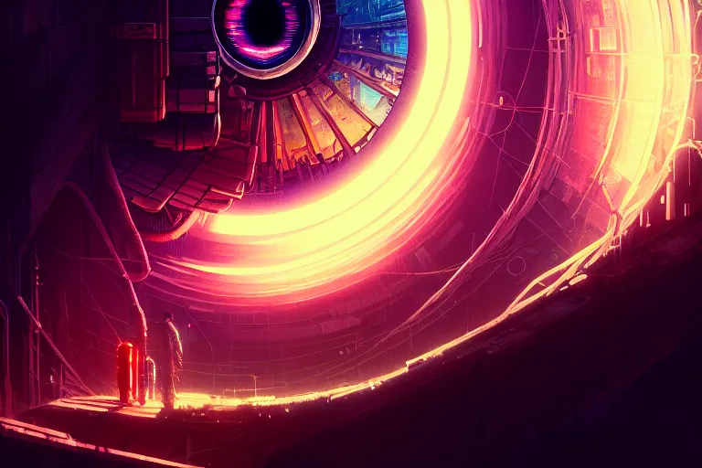 Image similar to portrait of a mystical giant eye, mechanic, dystopian, ( ( cyberpunk ) ), intricate, ( ( ( abstract ) ) ), cinematic, glow, neons, octane render, wlop, greg rutkowski, dan mumford, artgerm