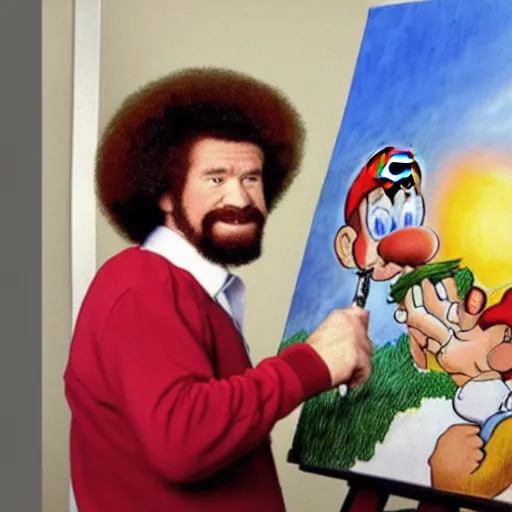 Prompt: bob ross in his office in front of an easel, painting a portrait of mario on the canvas