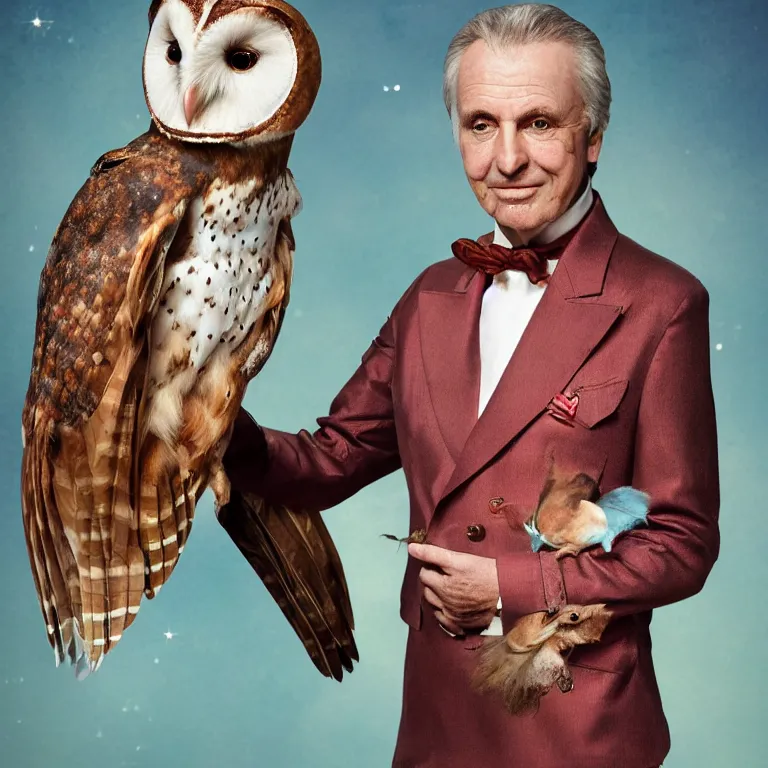 Image similar to high fashion photoshoot octane render portrait by wayne barlow and carlo crivelli and glenn fabry, a distinguished old italian synth musician wearing a colorful wes anderson designed uniform and holding a barn owl inside a high - end exotic colorful pastel vintage boutique hotel lounge, very short depth of field, bokeh