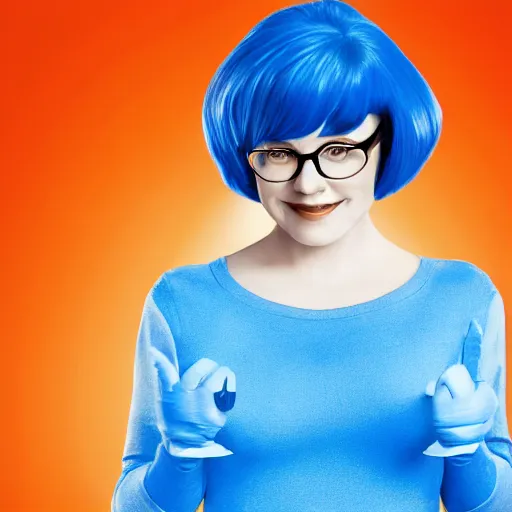 Prompt: a photorealistic portrait of Velma Dinkley as a smurf, 8k