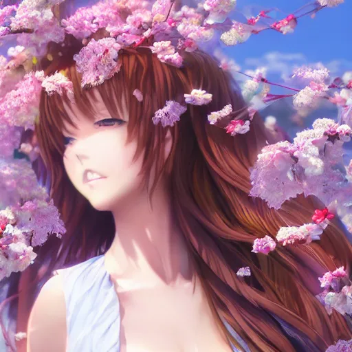 Prompt: 3d rendered anime girl with cherry blossoms as clothing in a flower garden, fantasy art, hyper realistic, detailed, ultra detailed, dynamic lighting, fantasy concept art