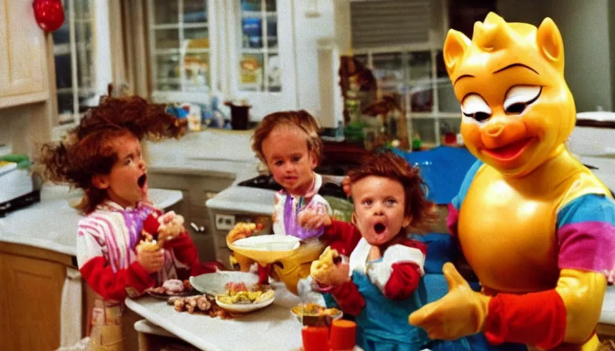Image similar to 1 9 9 0 s candid 3 5 mm photo of a beautiful day in the family kitchen, cinematic lighting, cinematic look, golden hour, an absurd costumed mascot from the jimbles the super pony show is eating all of the kids cereal, the kids are hungry and the mascot is eating all of their food, uhd