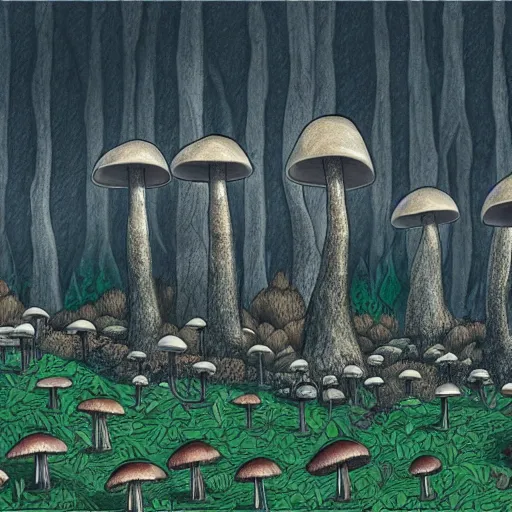 Prompt: drawing of a mushroom city in the middle of the forest, high details, godrays, 4k