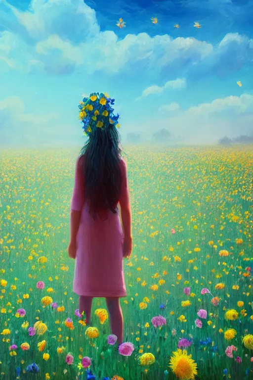 Image similar to closeup, huge flower head, girl standing in a field of flowers, surreal photography, sunrise, blue sky, dramatic light, impressionist painting, digital painting, artstation, simon stalenhag