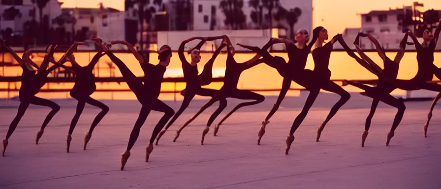 Image similar to contemporary russian ballet performance in los angeles at sunset, at venice beach, event photography, canon 5 0 mm ektachrome