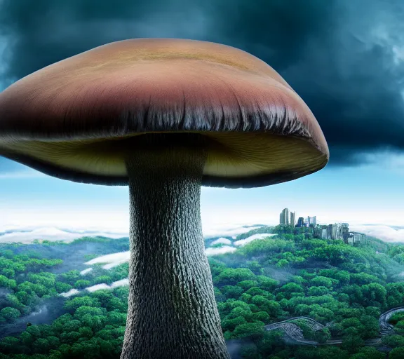 Image similar to a giant mushroom that stretches above the clouds with an upside down city built from the cap instead of gills. highly detailed 8 k. intricate. lifelike. soft light. nikon d 8 5 0. cinematic post - processing