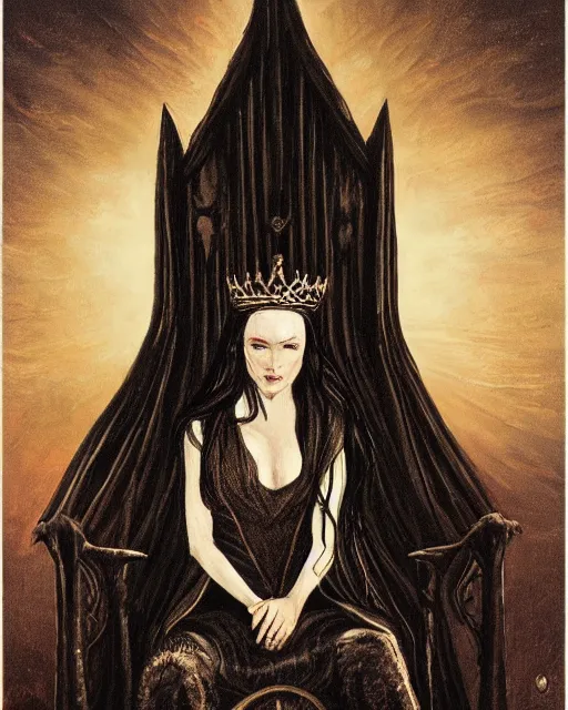 Prompt: an illustration of a queen with fair skin and dark stylises hair on a throne at night by tolkien, realistic, detailed, oil painting