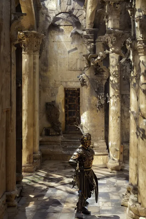 Prompt: an biomechanical palace guard walking through the byzantine courtyard by anders zorn, wonderful, masterpiece by greg rutkowski, beautiful cinematic light, by greg manchess, jessica rossier