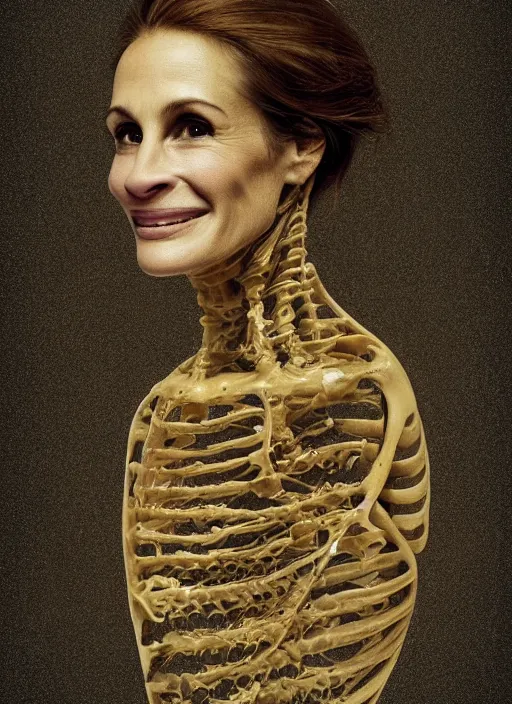 Prompt: a julia roberts face in profile made of honey skeleton in the style of the dutch masters and gregory crewdson dark and moody