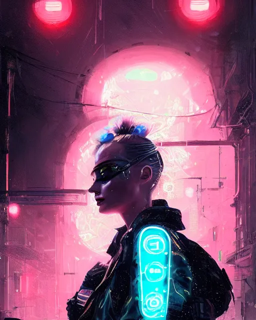 Image similar to neon operator margot robbie, cyberpunk futuristic neon, reflective puffy coat, decorated with traditional japanese ornaments by ismail inceoglu dragan bibin hans thoma greg rutkowski alexandros pyromallis nekro rene maritte illustrated, perfect face, fine details, realistic shaded, fine - face, pretty face