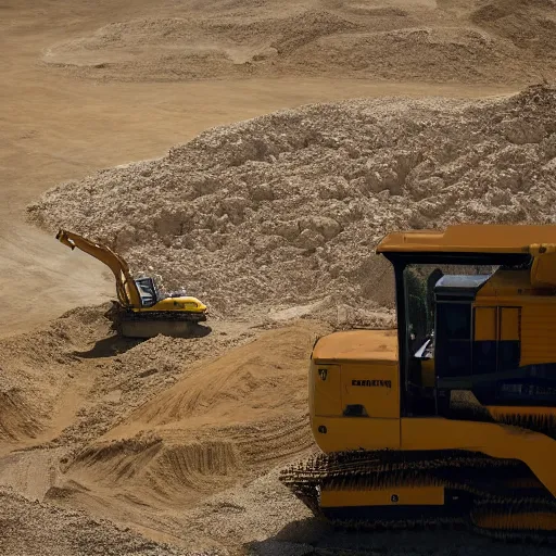 Image similar to in the distance, in the center of a large sandy quarry, a large golden ball lies in the sand, a broken excavator and a man in military uniform standing nearby, stylization is a grainy photo, high quality, depth of sharpness, emphasis and focus on the golden ball