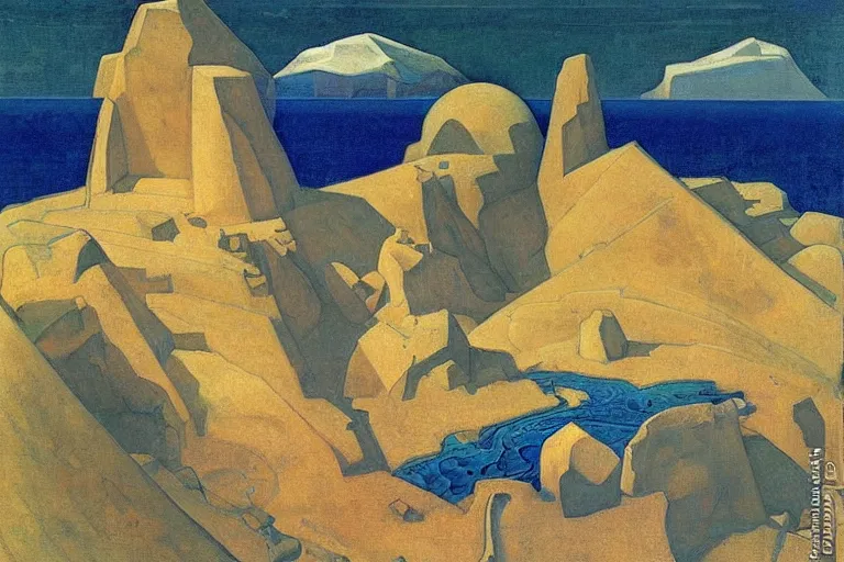 Image similar to the wake of the unseen object,by Nicholas Roerich and William Dyce and ford madox brown, symbolist, dramatic lighting, elaborate geometric ornament, cool blue and green colors, Art Brut, smooth, sharp focus, extremely detailed