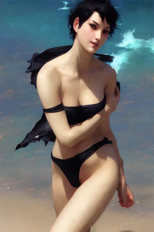 Prompt: nami, short blonde black hair, bikini, digital art from artstation by ruan jia and mandy jurgens and artgerm and william - adolphe bouguereau