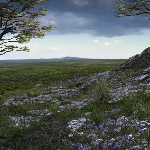 Image similar to a hilly area replete with smooth dark rocks. It's also replete with trees and wildflowers. You can see a bog in the distance. The temperature is cool and the sky is mostly clear. 4k, photorealistic, highly detailed,